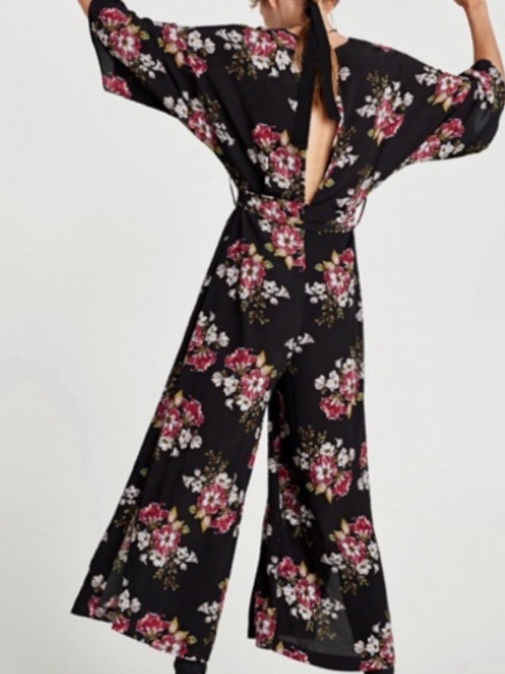 Zara Black Wide-Leg Floral Jumpsuit with Pink Blooms